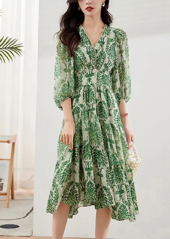 Printed dresses & jumpsuits for vacationHandmade Green V Neck Print Chiffon Vacation Dresses Bracelet Sleeve