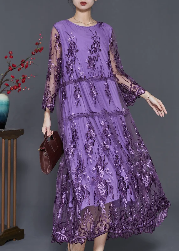 Athleisure dresses & jumpsuitsItalian Purple Embroidered Patchwork Tulle Long Dresses Summer