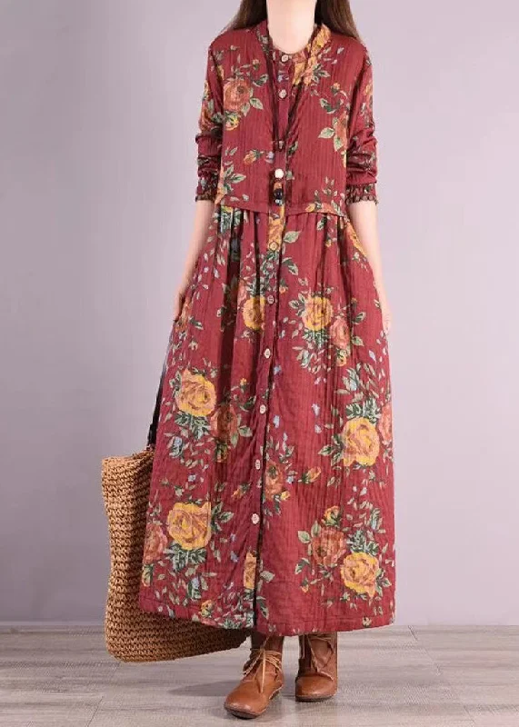 Polka dot dresses & jumpsuitsBohemian Red Stand Collar Print Patchwork Cotton Long Dresses Fall