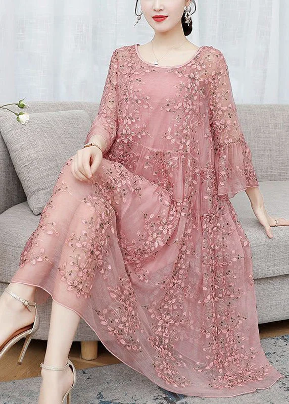 Vintage-inspired dresses & jumpsuitsLoose Pink Embroidered Ruffled Lace Silk Dresses Flare Sleeve