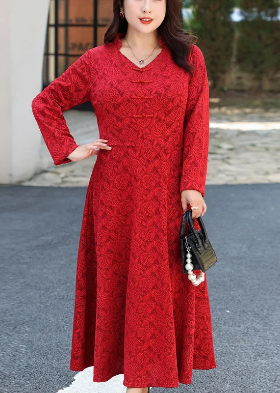 Wedding party dresses & jumpsuitsChinese Style Red V Neck Patchwork Lace Long Dresses Fall