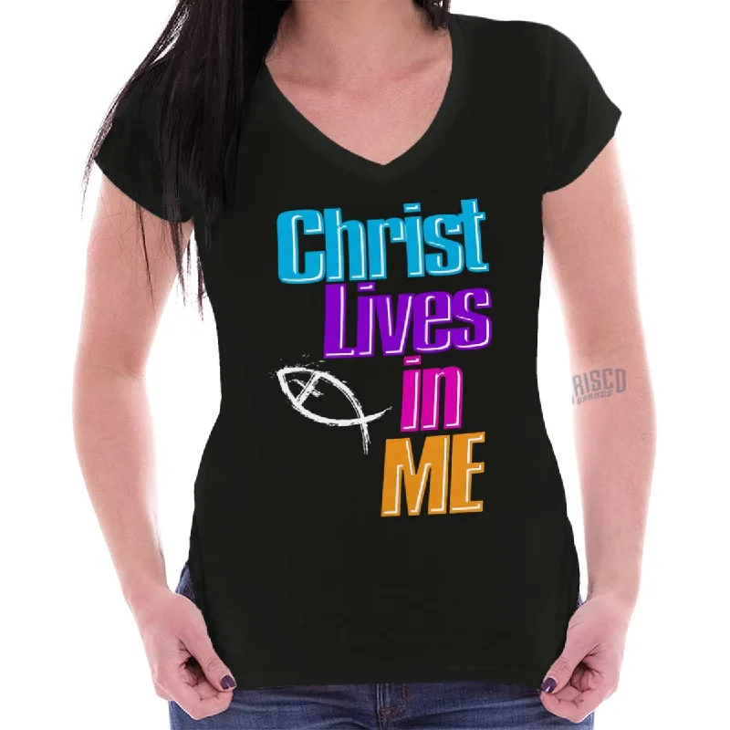 modern women’s T-shirtsChrist Lives in Me Junior Fit V-Neck T-Shirt