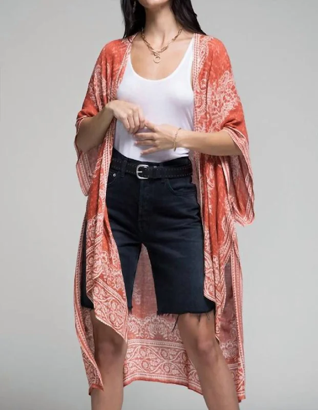 women's sweaters for layeringFrancesca Damask & Paisley Print Kimono In Clay