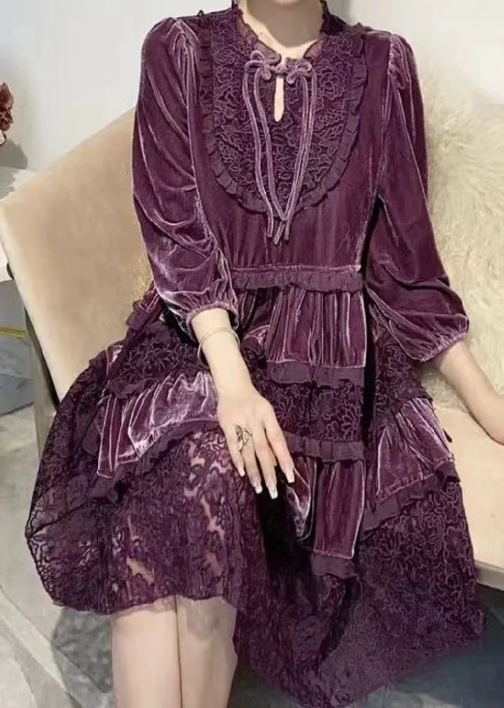 Casual dresses & jumpsuits for everyday wearItalian Purple Ruffled Embroidered Patchwork Velour Dresses Fall