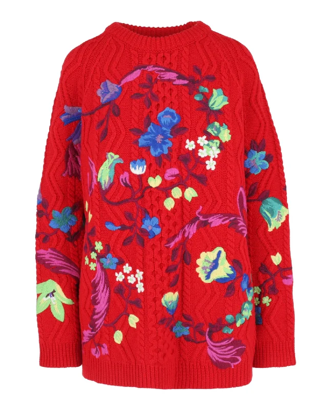 women's eco-friendly sweatersFloral Embroidered Cable Knit Sweater