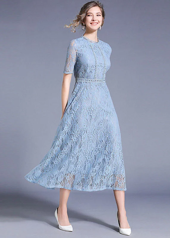 Romantic dresses & jumpsuits for date nightElegant Blue Hollow Out Embroideried Patchwork Lace Long Dresses Summer