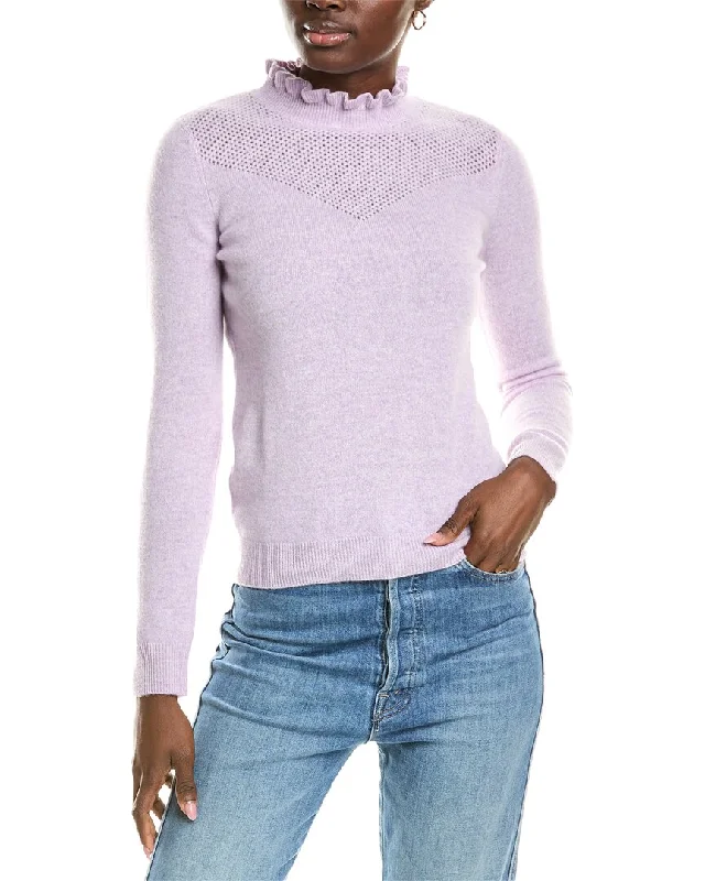 striped sweaters for womensofiacashmere Ruffle Mock Neck Mesh Stitch Cashmere Sweater