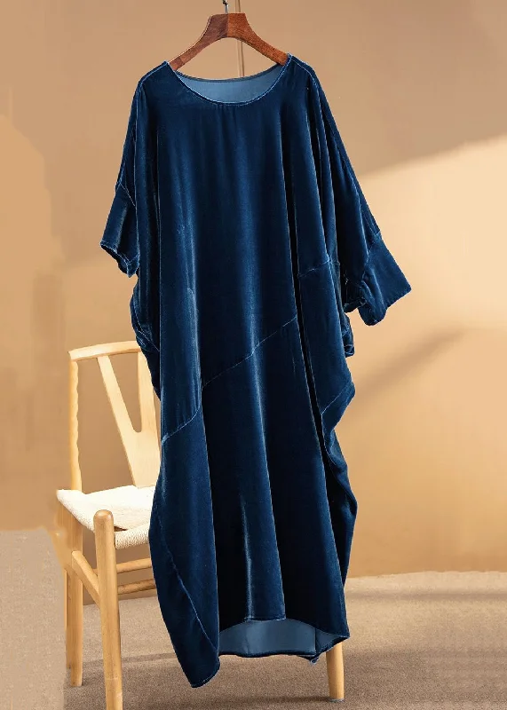 Pleated jumpsuits & dressesLoose Navy O Neck Asymmetrical Patchwork Silk Velour Dresses Fall