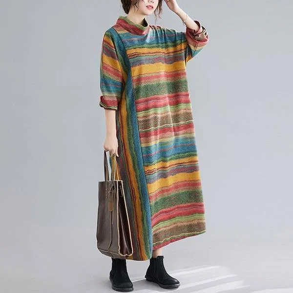 Short dresses & jumpsuits for summerNew 2020 Autumn Korean Vintage Style Turtleneck Striped Female Cotton Long Dresses