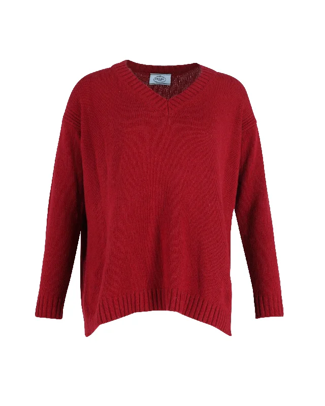 women's zip-up sweatersPrada Elbow Patch V-neck Sweater in Burgundy Wool