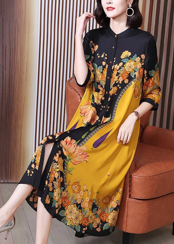 Relaxed fit dresses & jumpsuitsFine Yellow Print Button Silk Long Shirts Dresses Summer