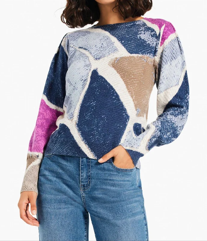 cute women's sweatersPrinted Tiles Femme Sleeve Sweater In Blue Multi