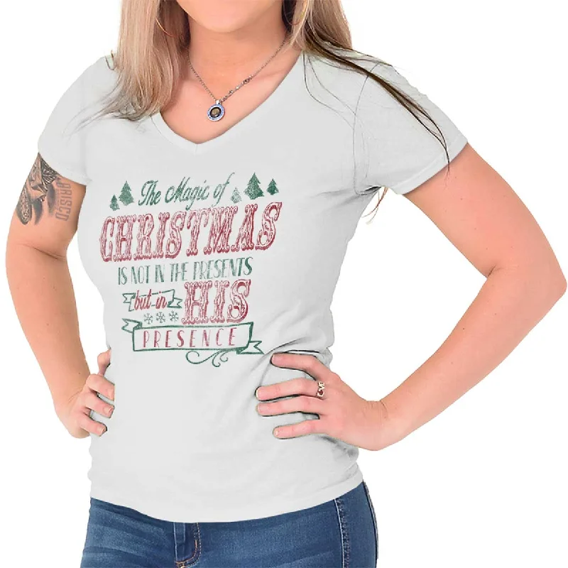 relaxed women’s cotton T-shirtsHis Presence Christmas Junior Fit V-Neck T-Shirt