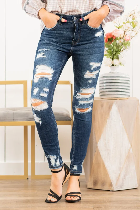 dark blue skinny jeansCleo High Rise Distressed Skinny