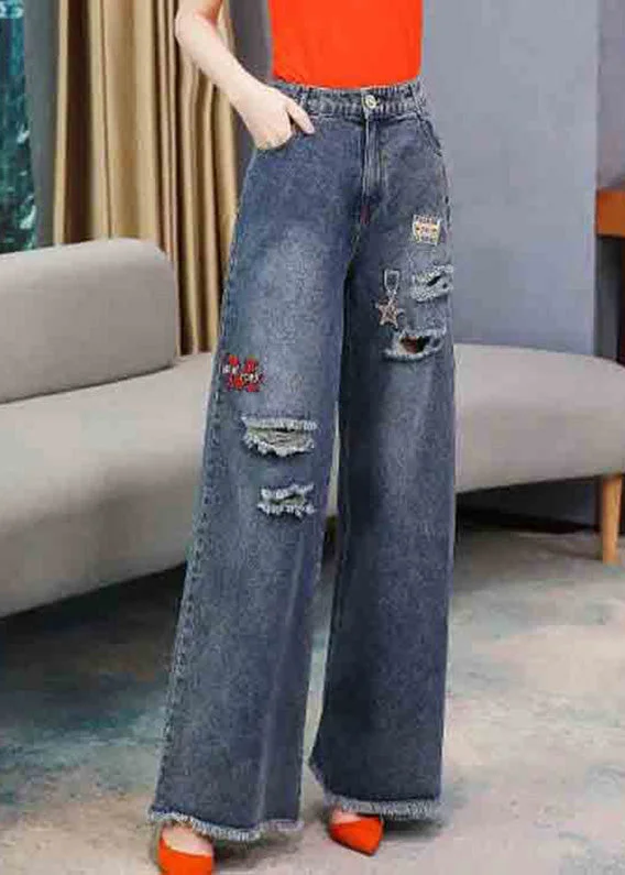 trendy casual women’s pantsCasual Denim Navy Embroideried Elastic Waist Long Wide Leg Pants