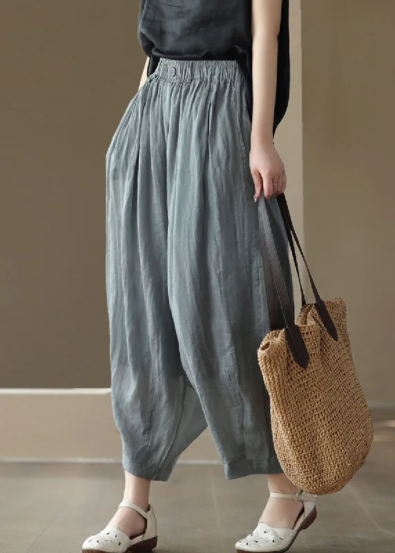 wool women’s pantsCasual Grey Elastic Waist Pockets Patchwork Linen Lantern Pants Summer