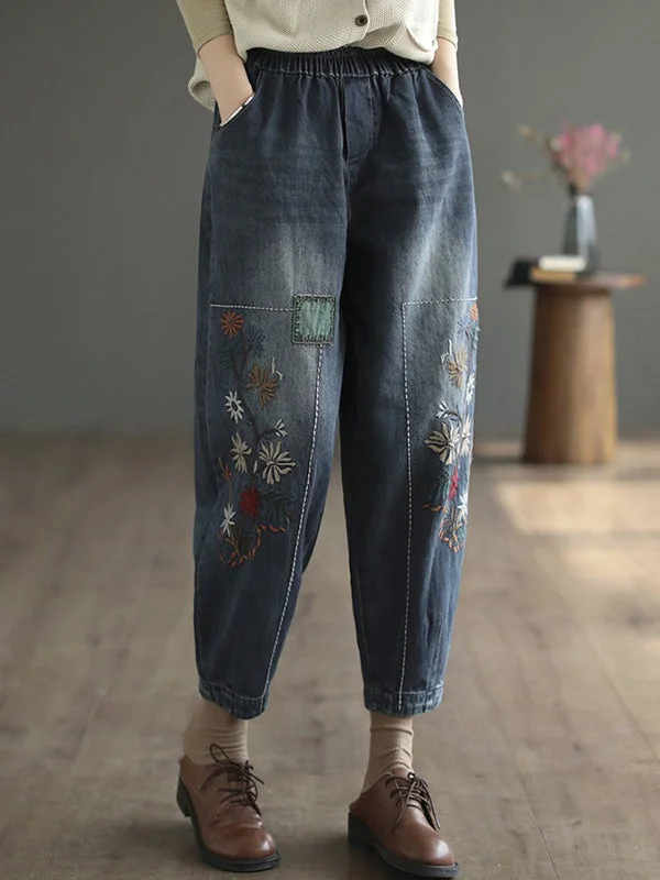 leggings for womenCasual Loose Embroidered Elasticity Harem Denim Pants