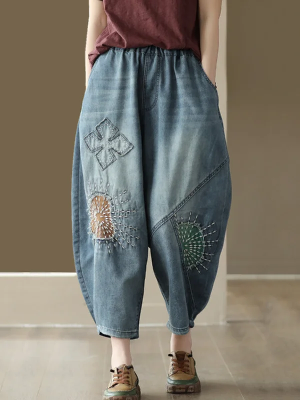 women’s plaid pantsCasual Retro Patch Stitching Pocket Denim Pants