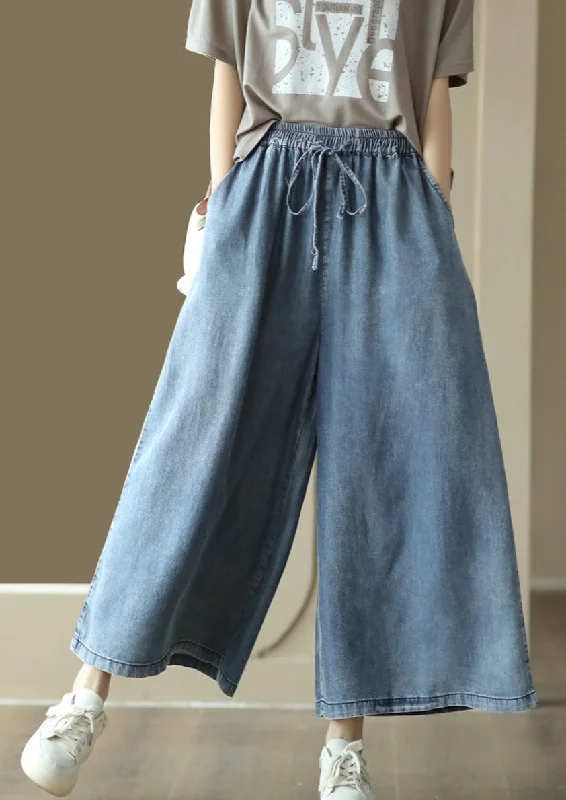 everyday women’s pantsCasual Solid Washed Drawstring Wide-leg Denim Pants