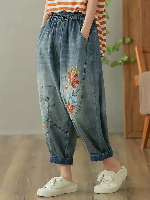 women’s pants for springCasual Vintage Flower Embroidery Denim Harem Pants