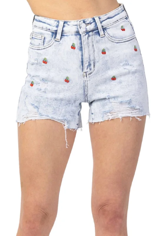 women's sweat shortsCherry Embroidery High Rise Cut-Off Short In Acid Wash