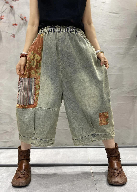 high rise women’s pantsClassy Blue Print Patchwork Wide Leg Denim Pants Summer