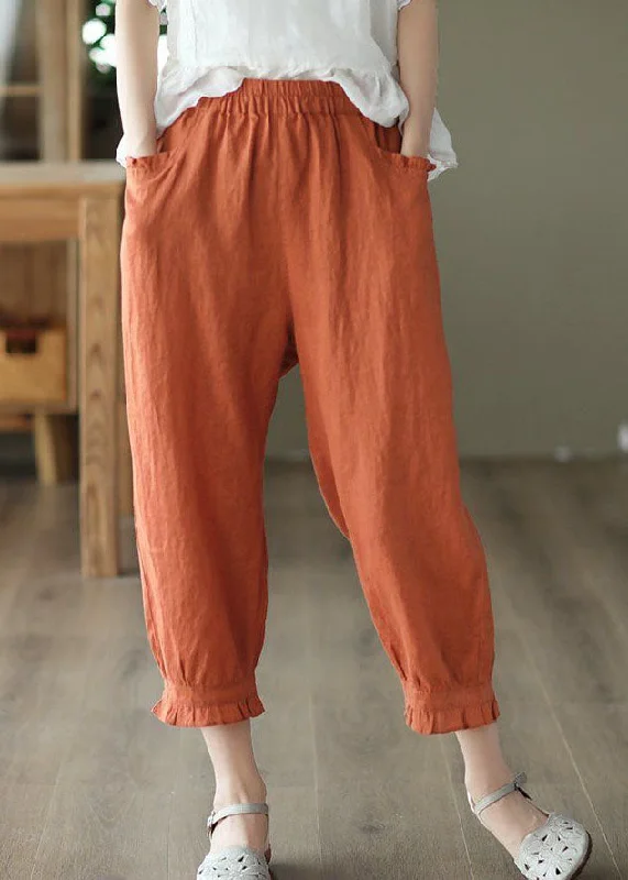 fashion-forward women’s pantsClassy Orange Wrinkled Pockets Patchwork Linen Crop Pants Summer