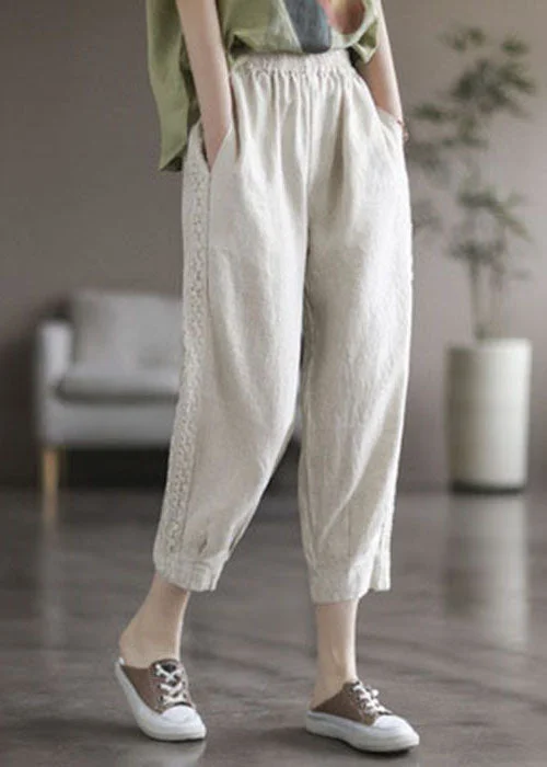 stylish sweatpants for womenClassy White Elastic Waist Pockets Lace Patchwork Linen Crop Pants Fall