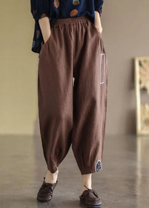 comfortable slim pants for womenCoffee Patchwork Linen Crop Pants High Waist Applique Fall