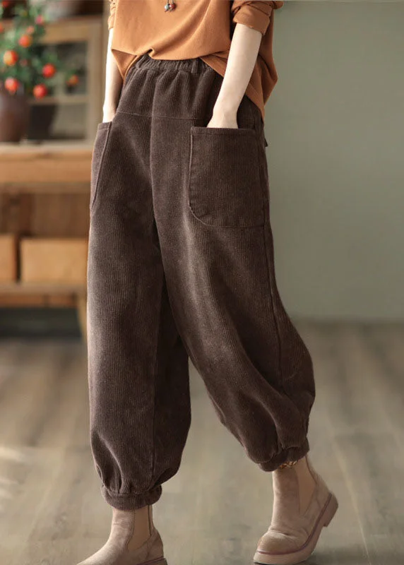 women’s harem pantsCoffee Patchwork Warm Fleece Harem Pants Elastic Waist Pockets Winter