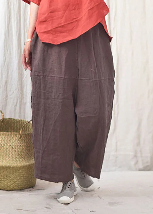 stretchy women’s pantsCoffee Pockets Patchwork Elastic Waist Linen Pants Summer