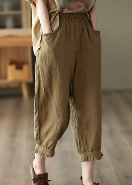 women’s pants for curvy bodiesCoffee Pockets Patchwork Linen Crop Pants Cinched Summer