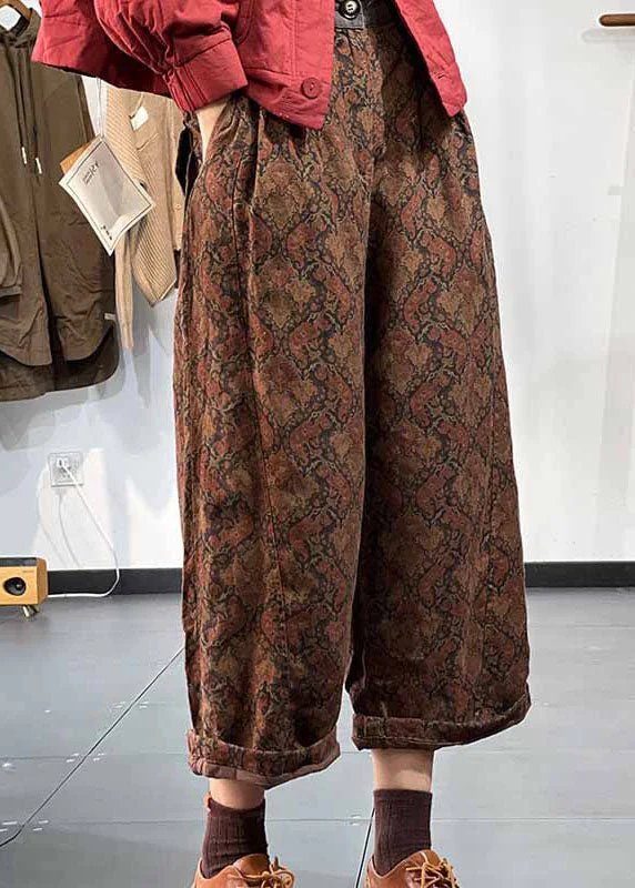 slim fit women’s pantsChocolate Print Fine Cotton Filled Linen Pants Elastic Waist Winter