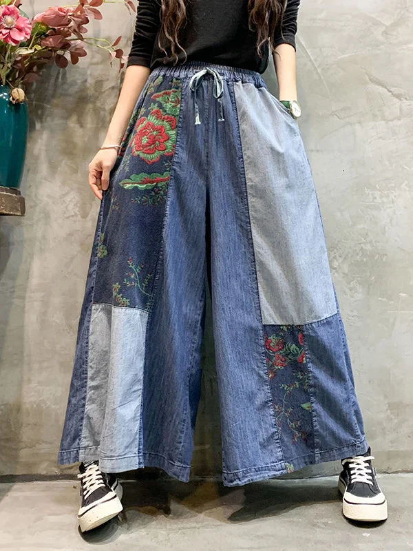 affordable pants for womenColor-Block Bandage Embroidered Wide Leg Denim Pants