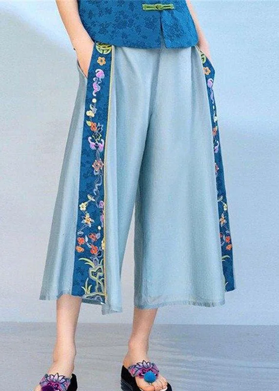 classic women’s pantsCute Blue Embroideried Elastic Waist Pockets Cotton Crop Pants Summer