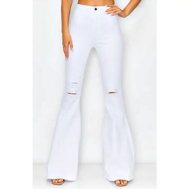 seamless women’s pantsDistressed High Waist Bell Pants In White