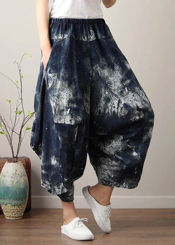 women’s straight leg pantsDiy Denim Blue Elastic Waist Cotton Linen Summer Harem Pants