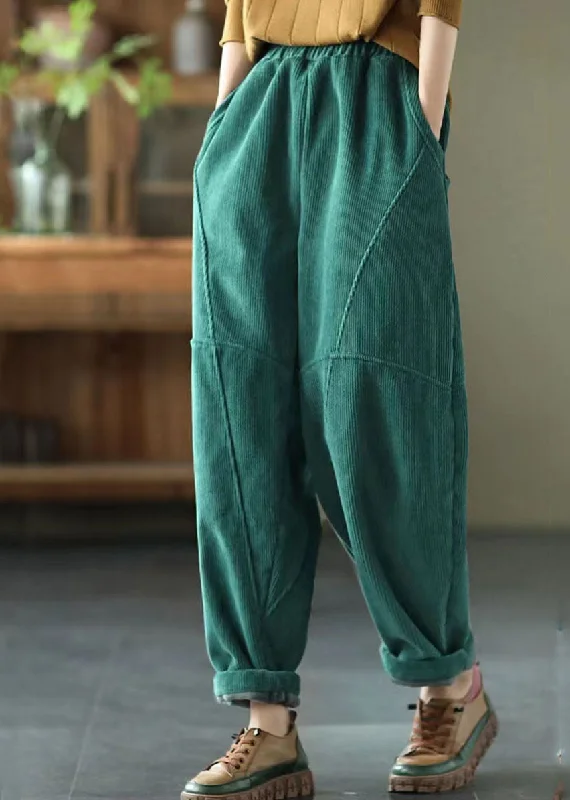 warm women’s pantsDiy Green Elastic Waist Patchwork Corduroy Harem Pants Winter