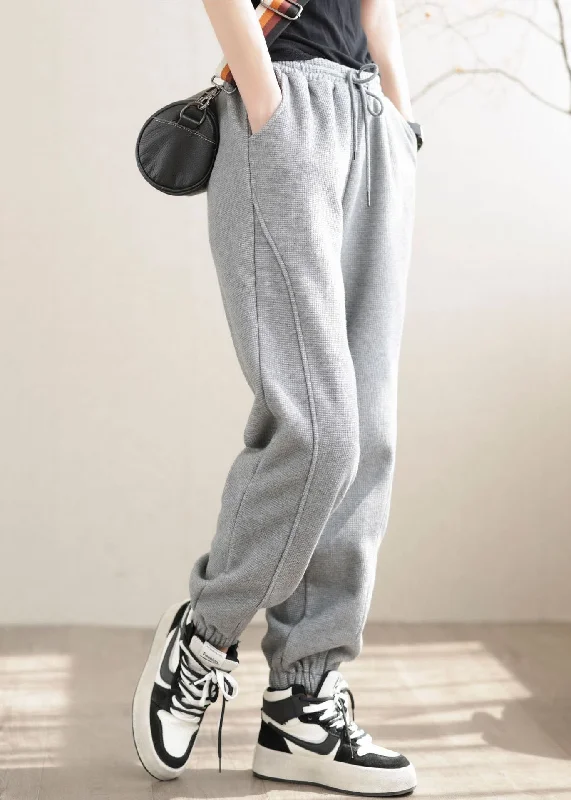 eco-conscious women’s pantsDiy Grey Elastic Waist Solid Patchwork Warm Fleece Pants Winter