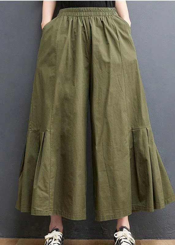 wool women’s pantsElegant Army Green Elastic Waist Wide Leg Pants Trousers Summer Cotton