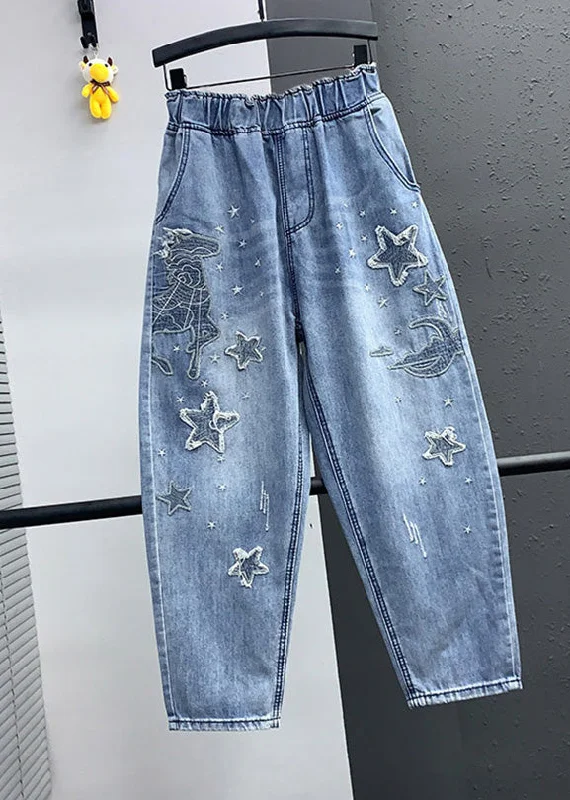 high-waisted women's pantsElegant Blue Embroideried Pockets Elastic Waist Denim Crop Pants Summer