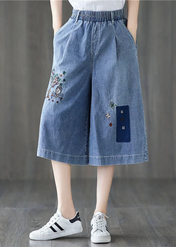 fashionable women’s pantsElegant Denim Blue Elastic Waist Embroideried Cotton Wide Leg Pants Summer