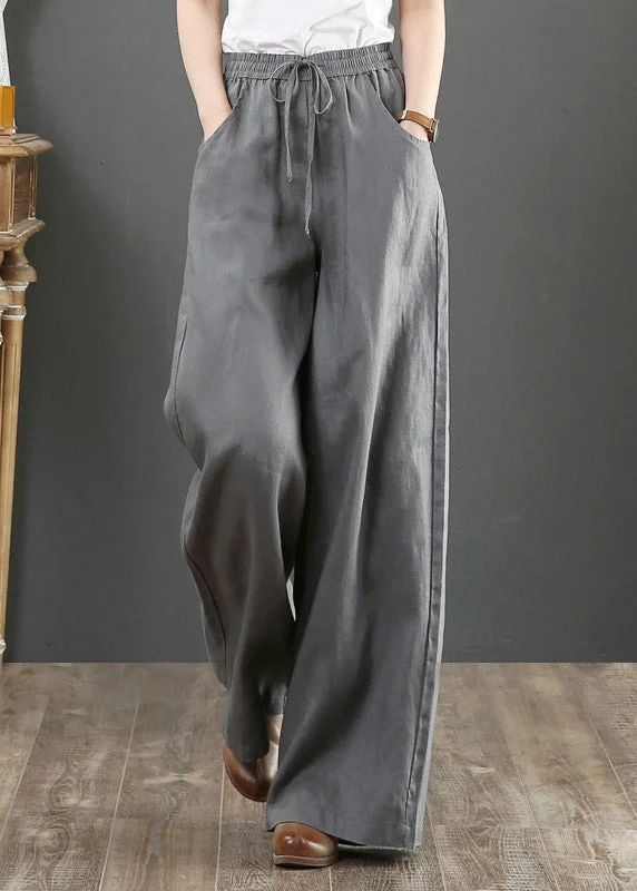 women's pants for petiteFashion Grey Pockets Elastic Waist Tie Waist Linen Pants Summer