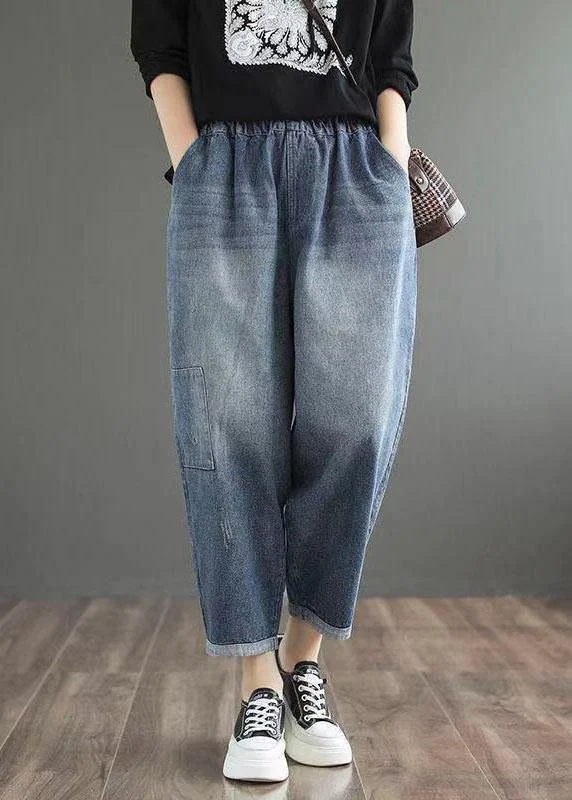 luxury women’s pantsFine Blue Elastic Waist Pockets Casual Harem Fall Denim Pants