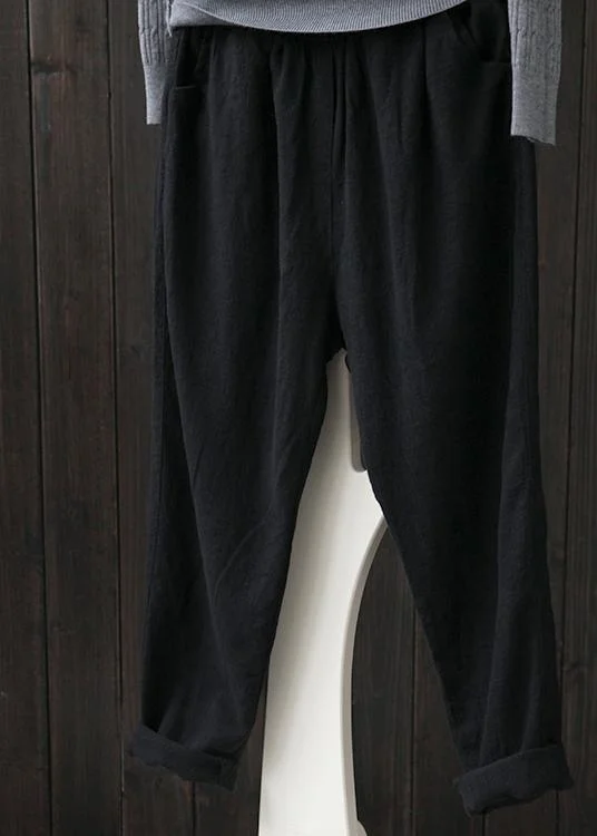 flattering women’s pantsFrench Black Elastic Waist Linen Spring Pants