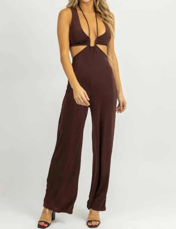 women’s pants for winterHalter Tie Sleeveless Jumpsuit In Chocolate