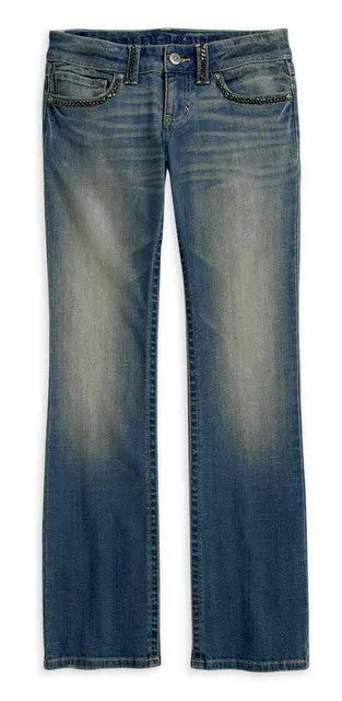 affordable women's pantsHarley-Davidson® Women's Boot Cut Low-Rise Chain Accent Jeans 96253-16VW