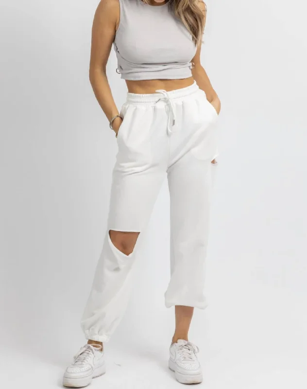 women’s denim pantsMarble Ripped Drawstring Jogger In White